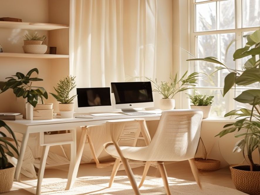Et hjemmligt kontor med planter og en computer